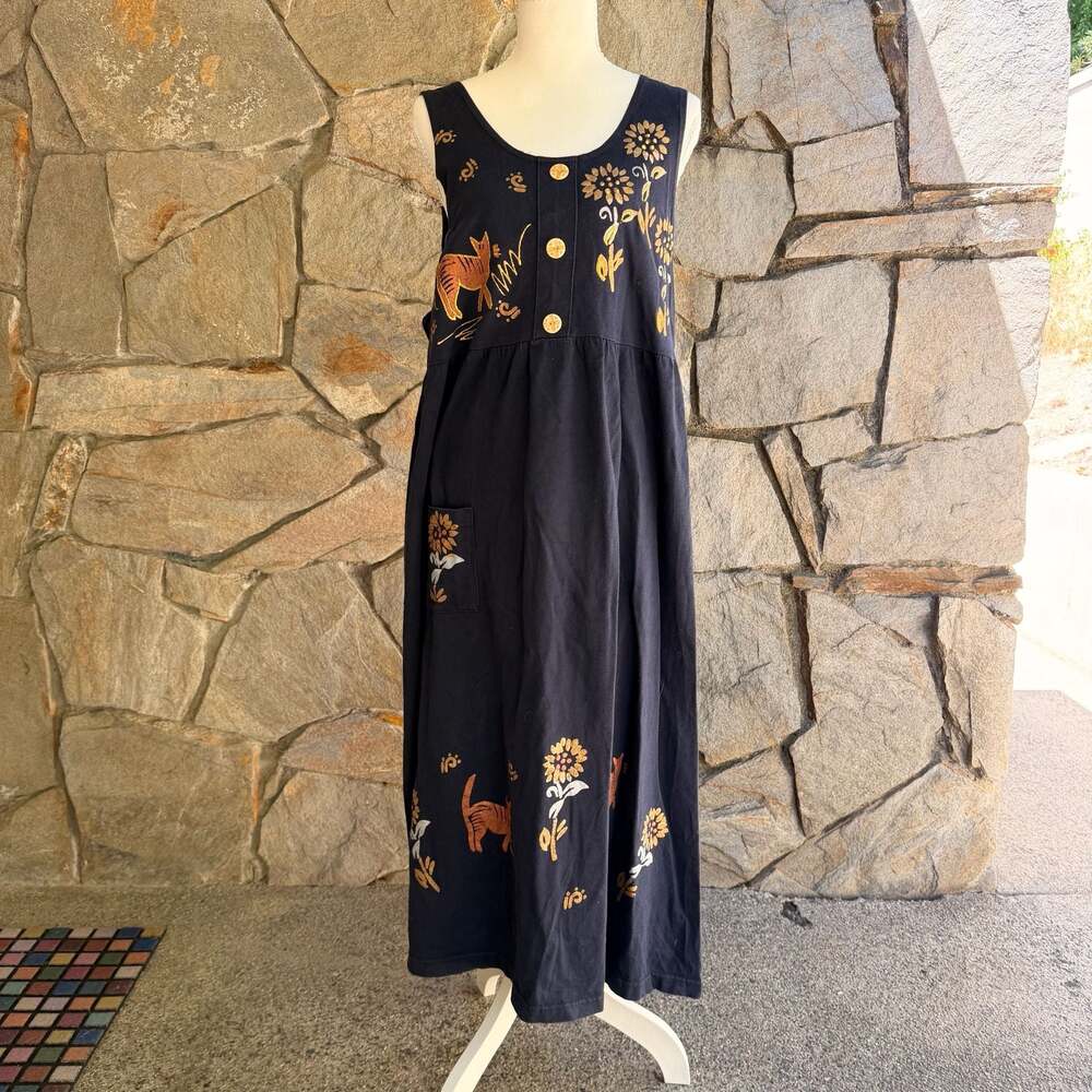Vintage Black Cotton Sleeveless Maxi Dress with Cat and Sunflower Screen Print